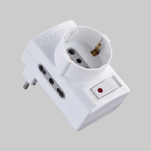 6776502-000-7792-jpg ADATTATORE TRIPLO C/INTERRUTTORE SOVRACCARICO 16A 2P+T - presa 10/16A 2P+T - Col. Bianco