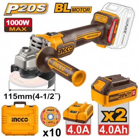 SMERIGLIATRICE BRUSHLESS 1000W D115MM CON 2 BATTERIE 4Ah E DISCHI