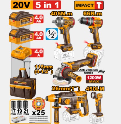 KIT TRAPANO AVVITATORE + AVVITATORE AD IMPULSI + SMERIGLIATRICE + TASSELLATORE + LAMPADA + 2 BATTERIE + CARICABATTERIE + BORSA