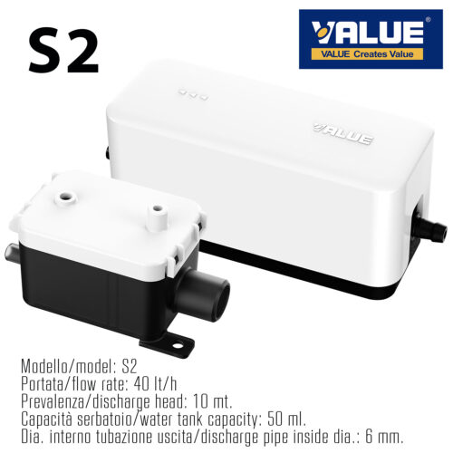 f-af-ps-val-s2-000-8649-jpg Pompa scarico condensa mini slim VALUE S2 - portata 40 litri/ora, adatta per split fino a 45.000 BTU/ora (13 kW), serbatoio separato 50 ml. compatta e multi-applicazione, silenziosa e robusta