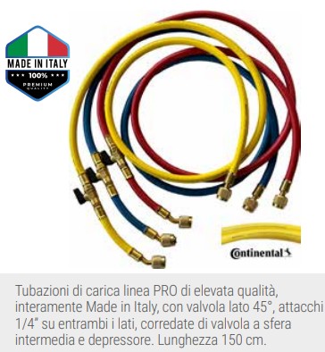 Set di 3 Tubi di Carica linea GKTools PRO &frac14; SAE J2196 con valvola a 45&deg; - 150 cm. (alta qualit&agrave; - originale Continental) con valvola a sfera e depressore Made in Italy - colore BLU/ROSSO/GIALLO